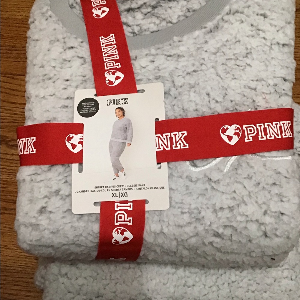 NWT Pink Sherpa crew and pants set.